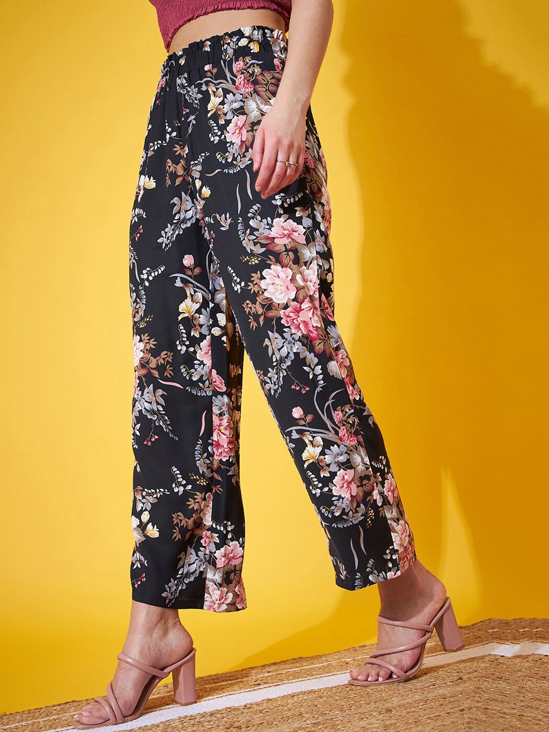 Berrylush Women Floral Printed Relaxed Straight Leg Regular Fit High-Rise Plain Trousers