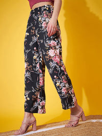 Berrylush Women Floral Printed Relaxed Straight Leg Regular Fit High-Rise Plain Trousers