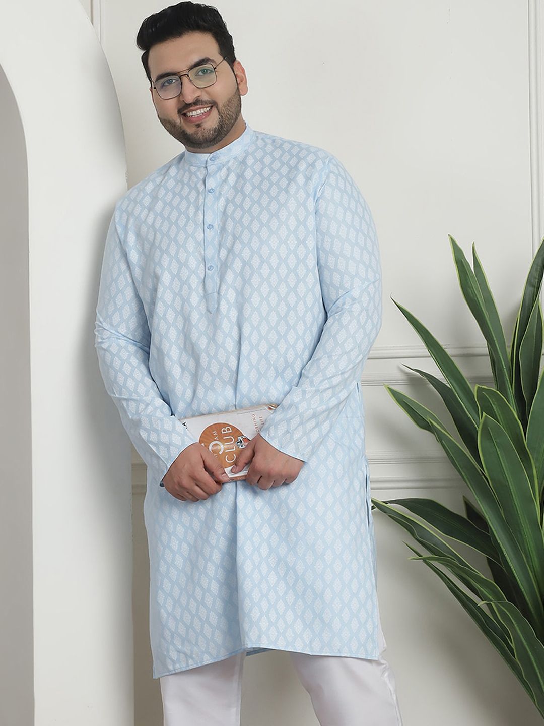 SOJANYA PLUS PLus Size Ethnic Motifs Printed Band Collar Long Sleeves Straight Kurta