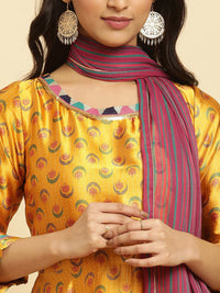 W Yellow Ethnic Motifs Printed Regular Sequinned Kurta With Leggings And Dupatta