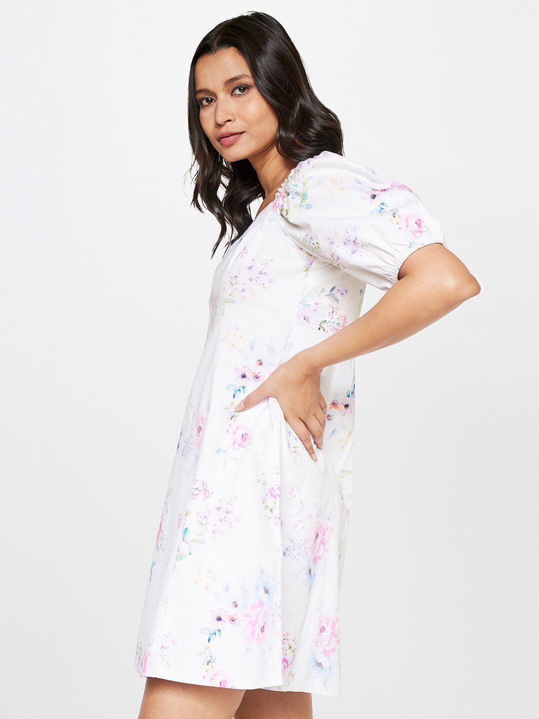 AND Smocked Floral Print A-Line Pure Cotton Dress