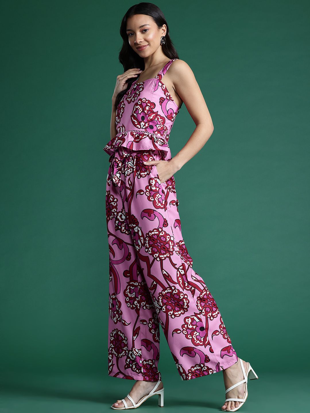 DressBerry Women Floral Printed Smocked Top with Trousers Co-Ord Set