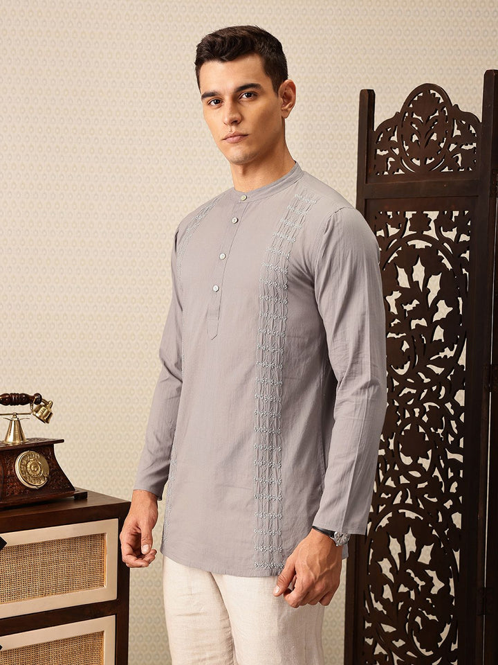 House of Pataudi Floral Embroidered Band Collar Thread Work Pure Cotton Jashn Kurta