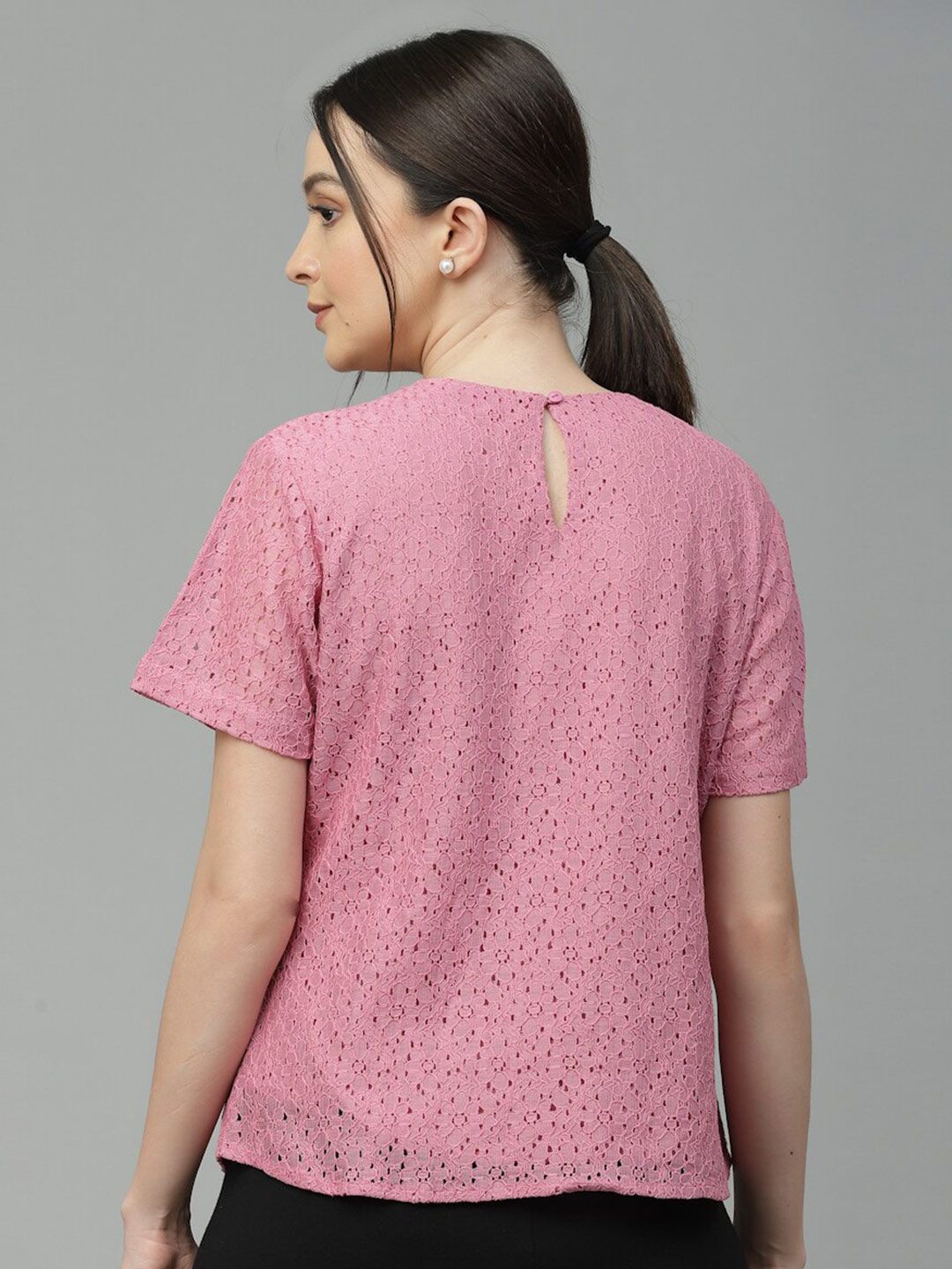 Style Quotient Self Design Round Neck Lace Cotton Top