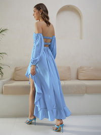 Berrylush Blue Off-Shoulder Puff Sleeves Cut Outs  A-Line Midi Dress