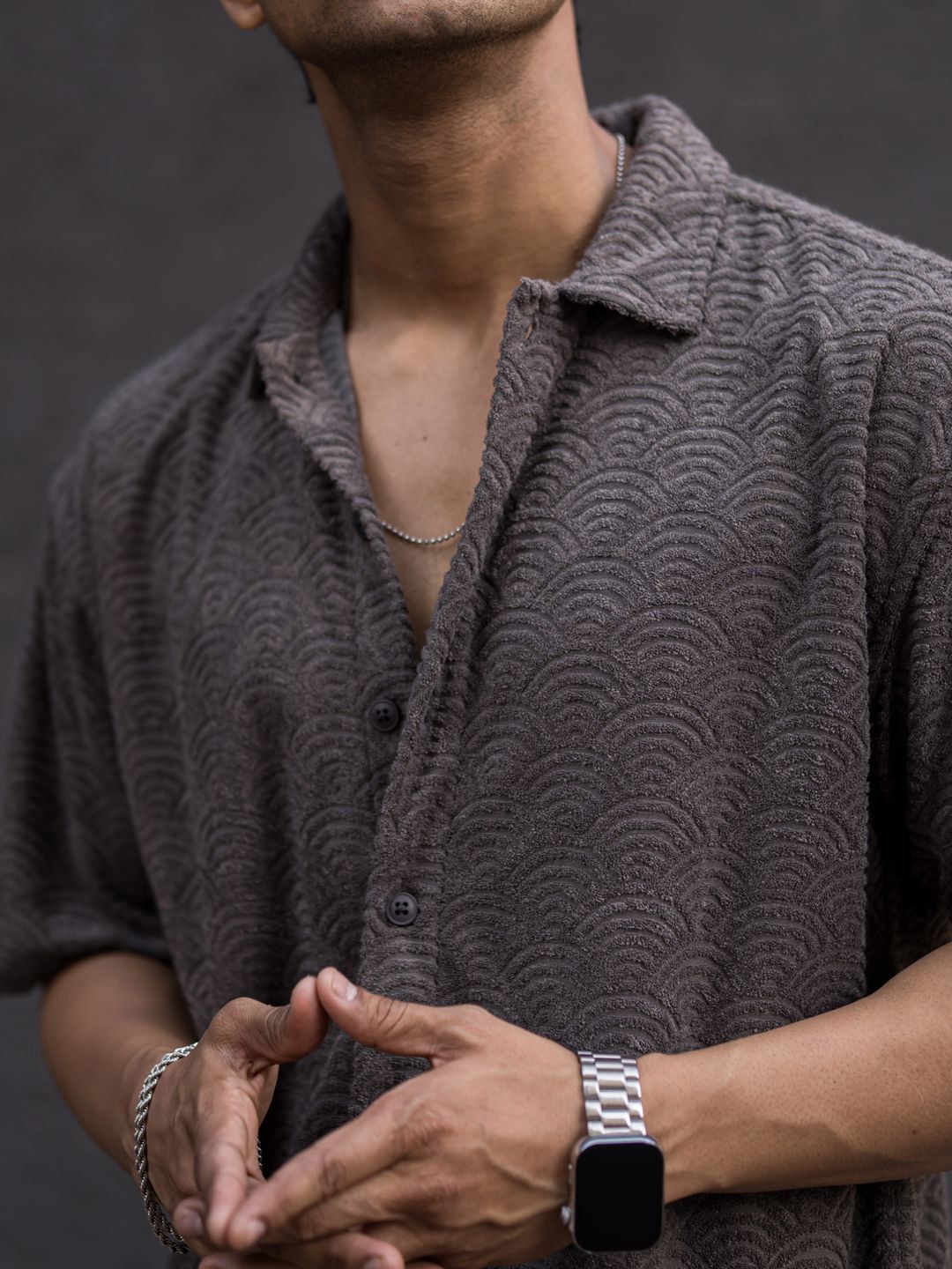 Powerlook Grey India Slim Oversized Fit Jacquard Self Design Casual Shirt