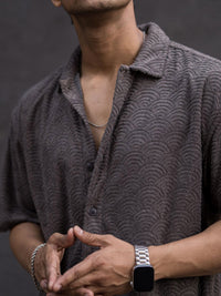 Powerlook Grey India Slim Oversized Fit Jacquard Self Design Casual Shirt