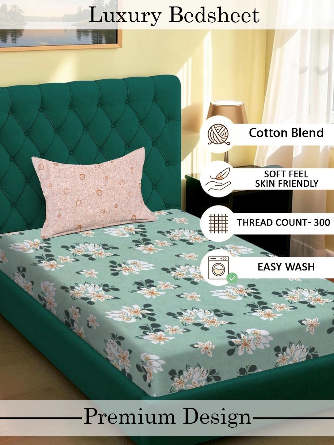 Moda Rapido X KLOTTHE Green & White Floral 120 TC Single Bedsheet with 1 Pillow Covers