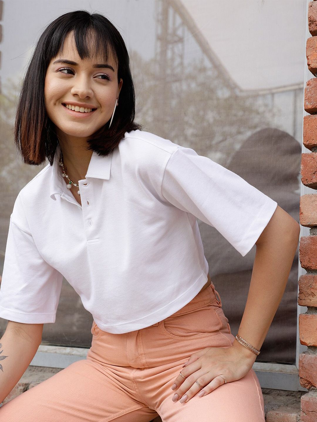 STREET 9 BASICS White Polo Collar Drop Shoulder Sleeves Crop Pure Cotton Oversized T-shirt