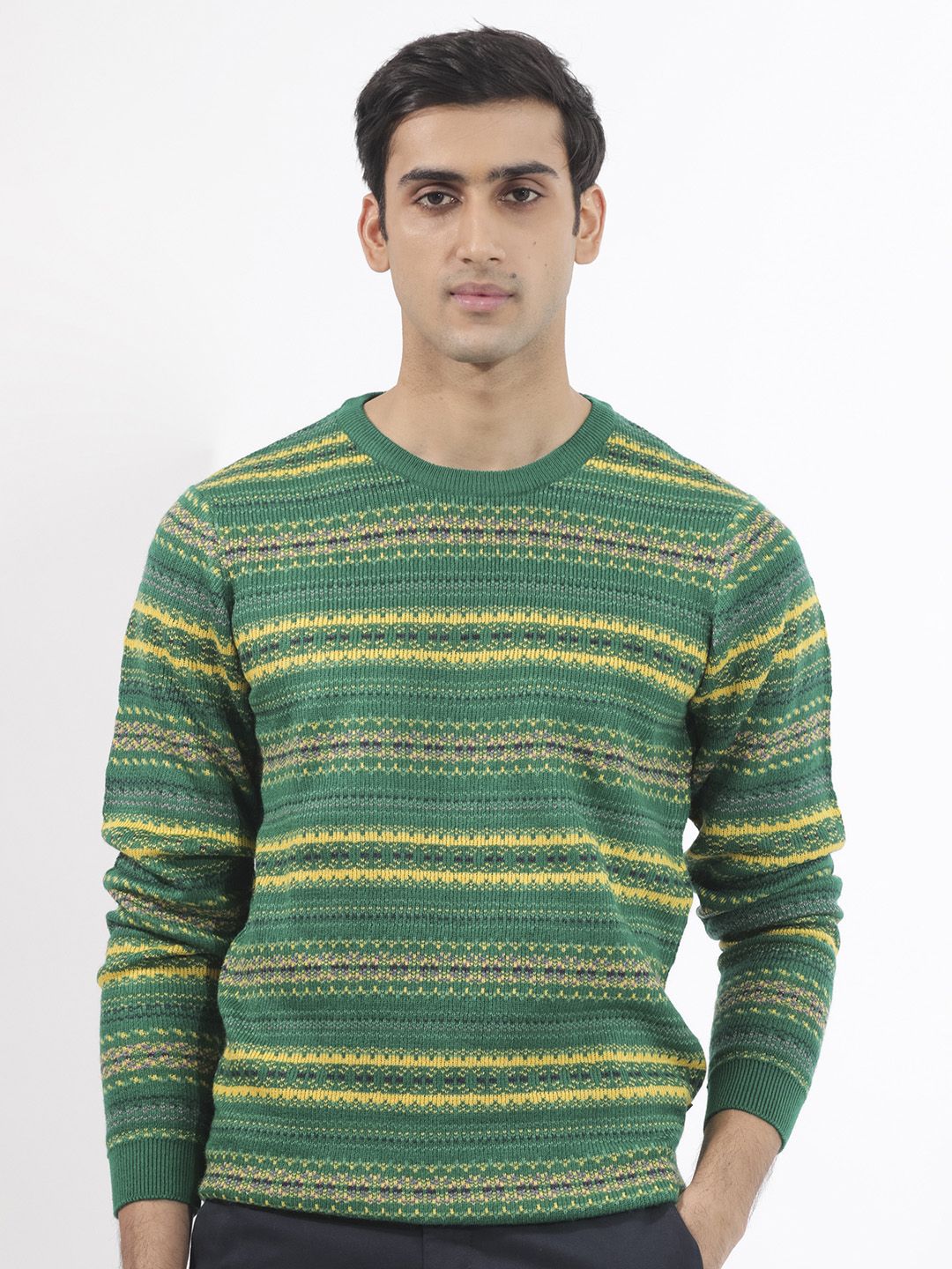 RARE RABBIT Men Fare Crew Neck Chevron Printed Acrylic Sweater