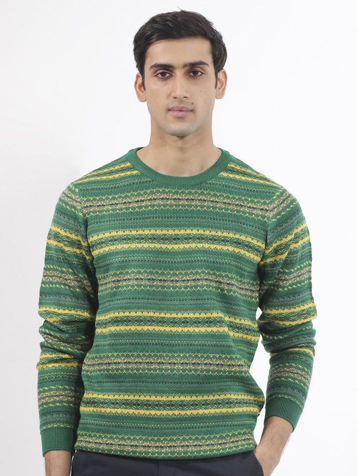 RARE RABBIT Men Fare Crew Neck Chevron Printed Acrylic Sweater