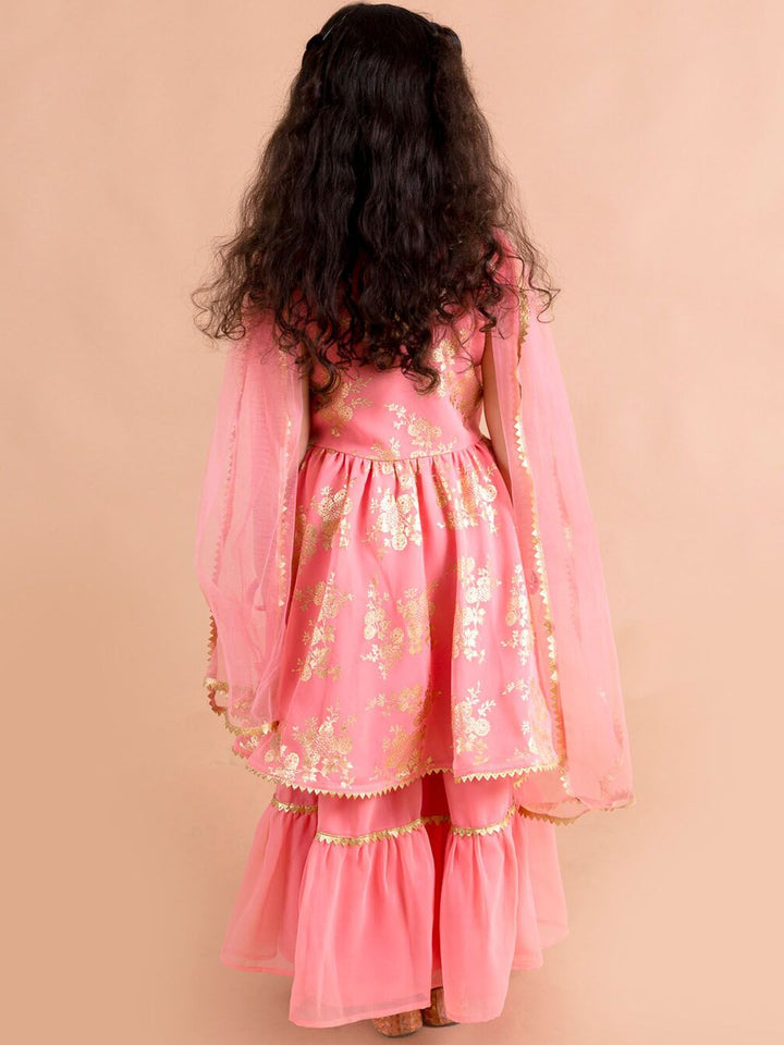 pspeaches Girls Floral Printed Angrakha Gotta Patti Kurta with Sharara & Dupatta