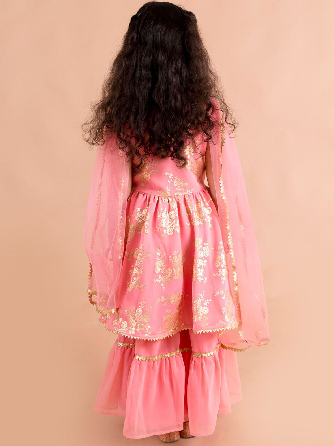 pspeaches Girls Floral Printed Angrakha Gotta Patti Kurta with Sharara & Dupatta
