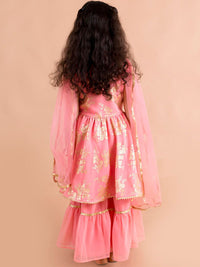 pspeaches Girls Floral Printed Angrakha Gotta Patti Kurta with Sharara & Dupatta