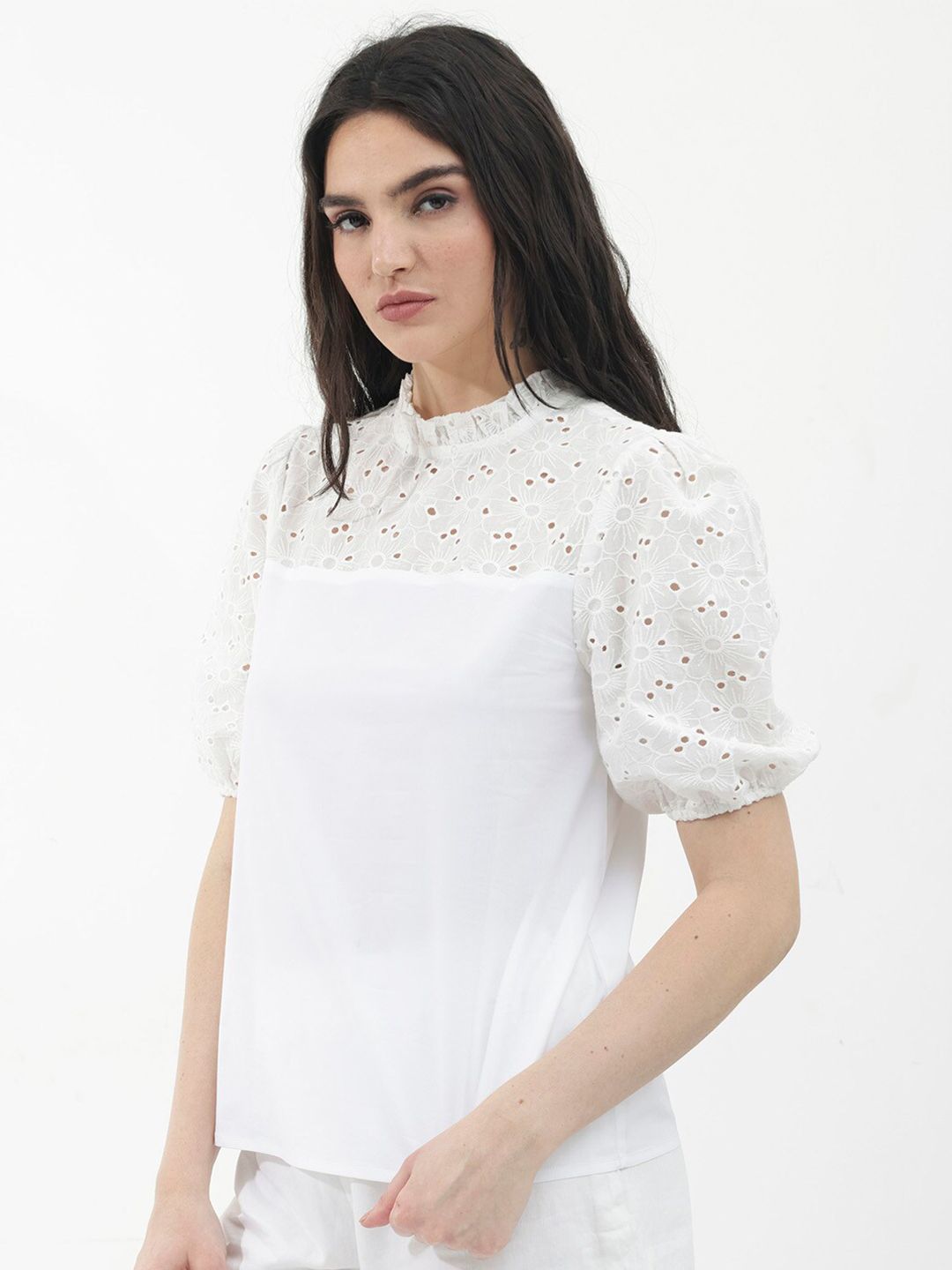 RAREISM Floral Embellished Puff Sleeve Cotton Top