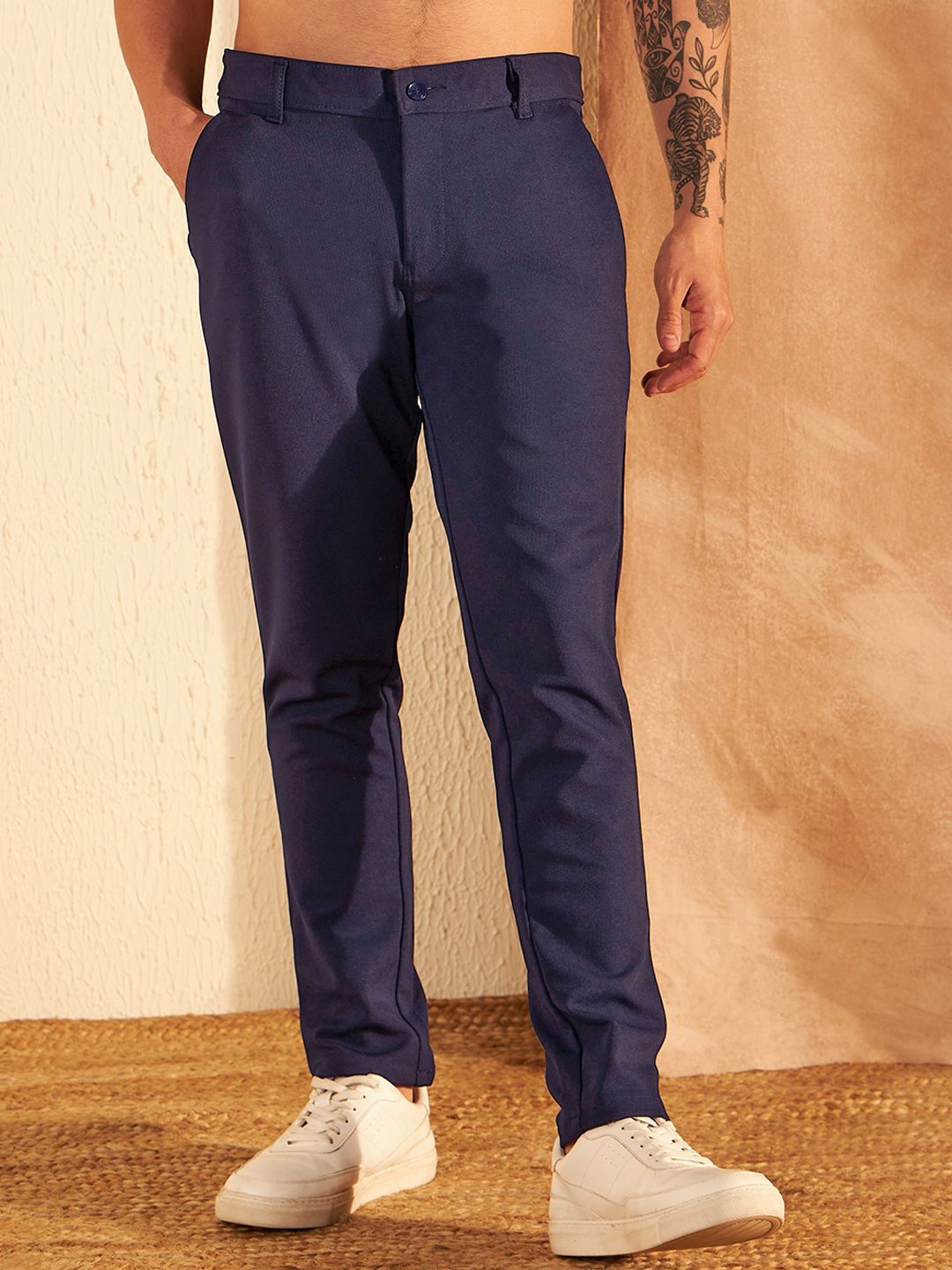 DENNISON Men Mid-Rise Textured Smart Fit Easy Wash 4-Way Lycra Trouser