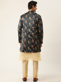 SOJANYA Men Beige Solid Kurta Set With Printed Jacket