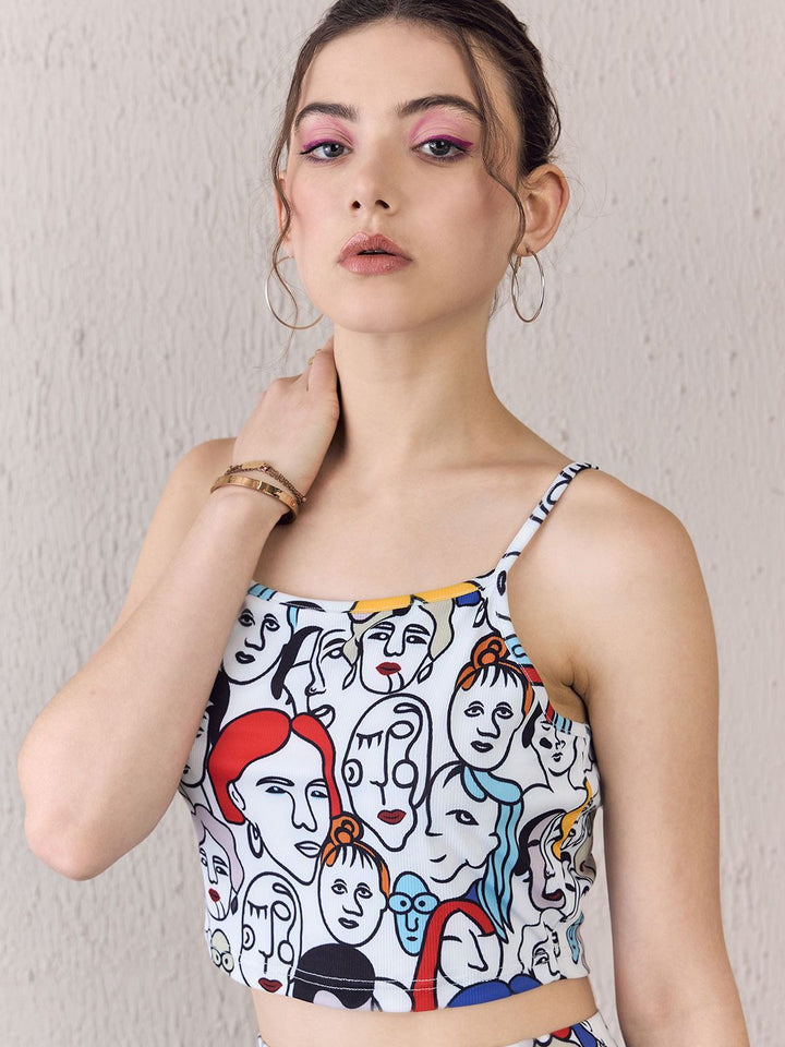 Berrylush White Graphic Printed Shoulder Straps Crop Top With Mini Skirt