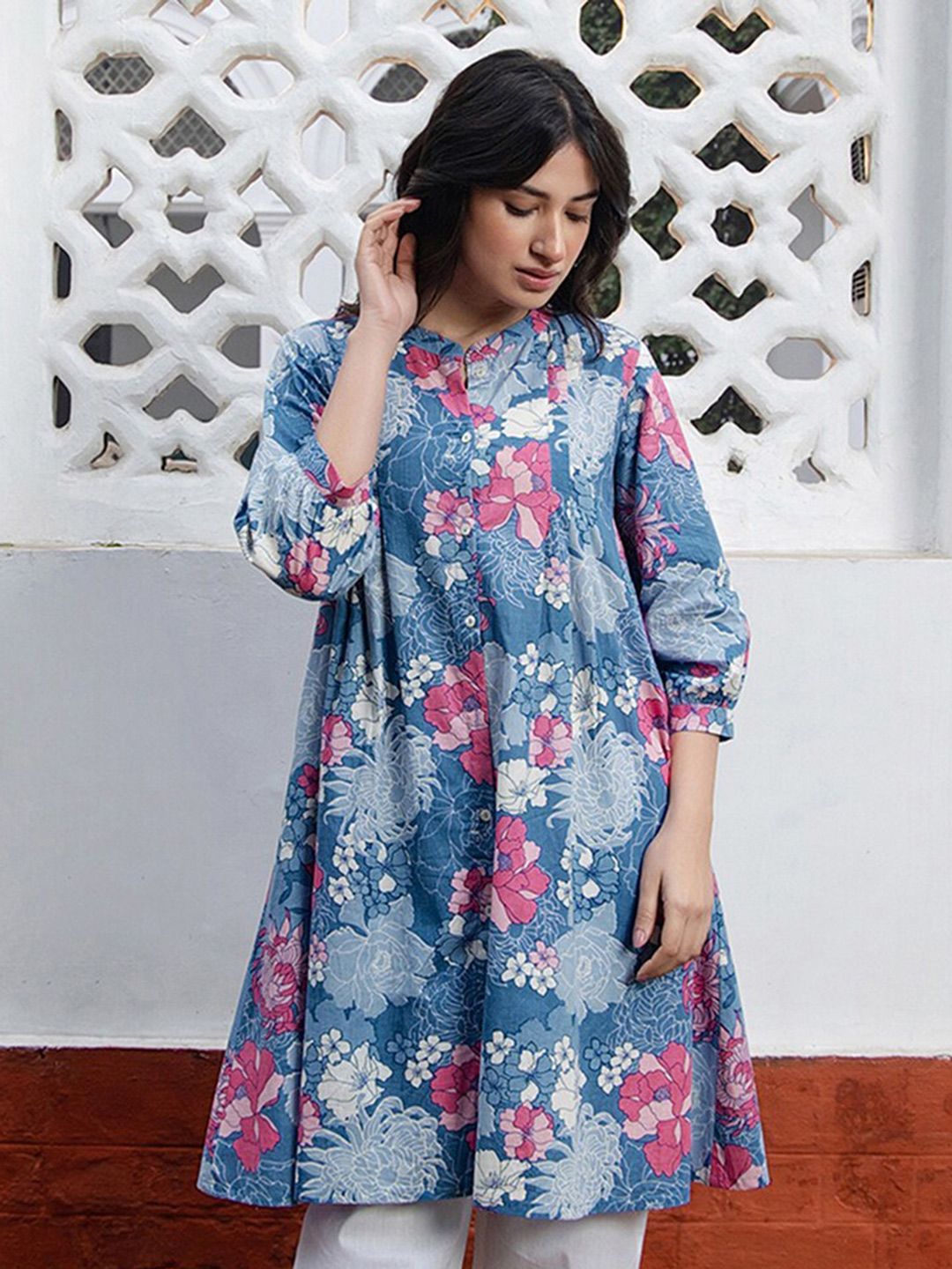Janasya Floral Printed Mandarin Collar Pure Cotton Pleated A-Line Tunic