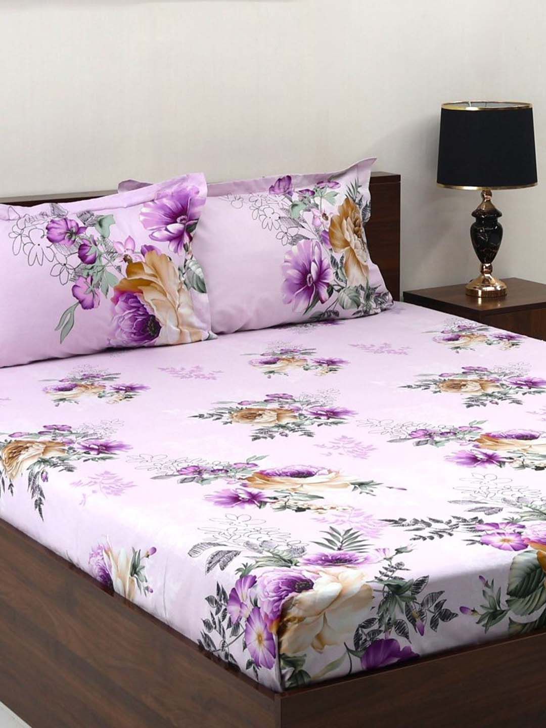 BOMBAY DYEING Blooming Muse Purple Floral Cotton 144 TC King Bedsheet Set 2.74 x 2.74 m