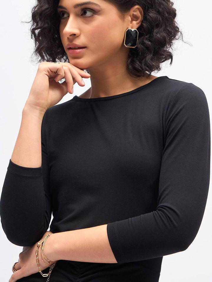 SASSAFRAS Black Ruched Bodycon Midi Dress