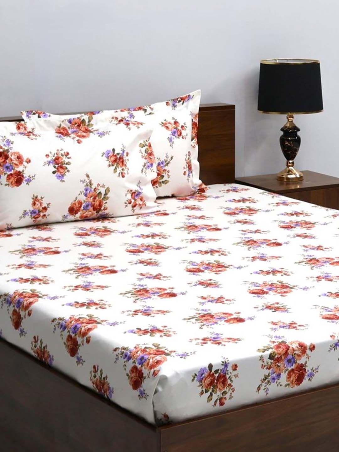 BOMBAY DYEING Rust & White Floral Pure Cotton 164 TC Queen Bedsheet With 2 Pillow Covers