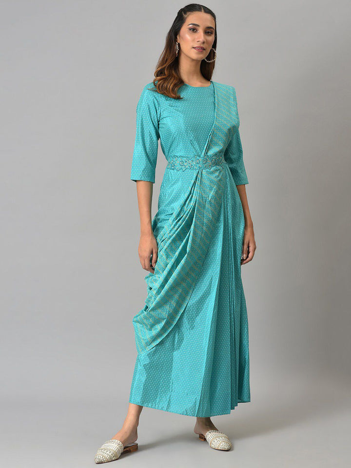 W Blue Printed Ethnic Maxi Dress with Belt