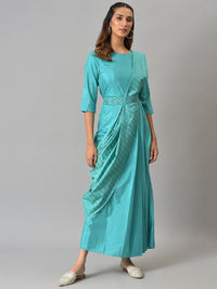 W Blue Printed Ethnic Maxi Dress with Belt