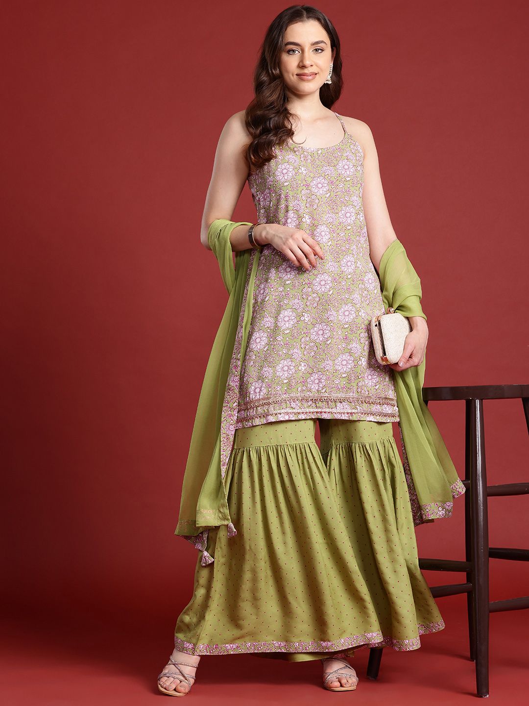 Anouk X Basant Bahaar Floral Printed A-Line Kurta With Sharara & Dupatta