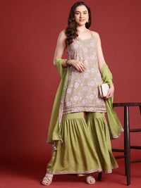 Anouk X Basant Bahaar Floral Printed A-Line Kurta With Sharara & Dupatta