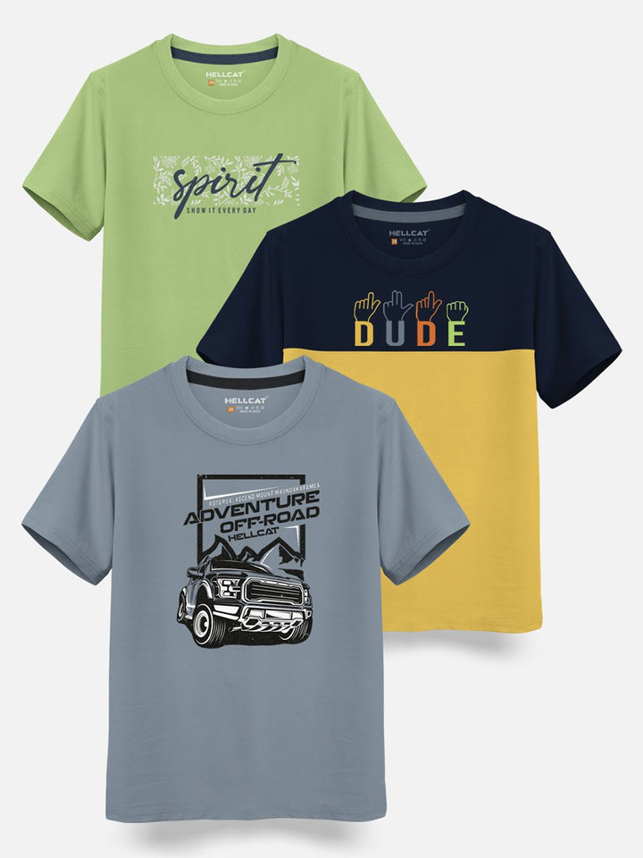 HELLCAT Boys Pack Of 3 Printed Cotton T-shirt