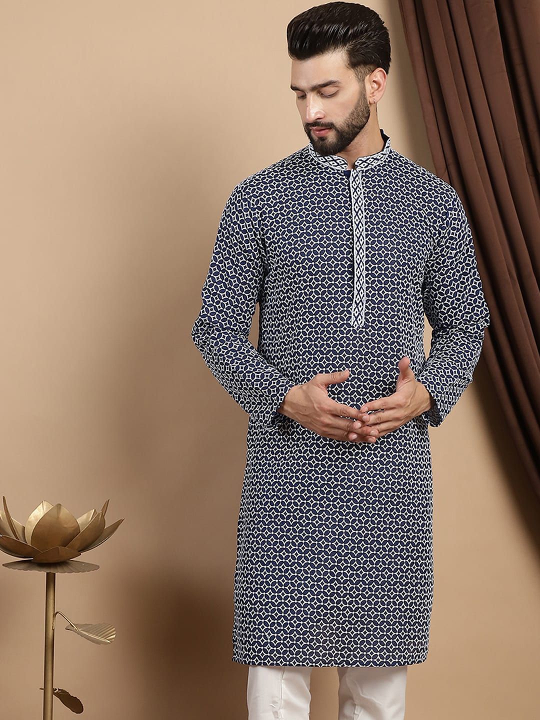 Anouk Printed Embroidered Mandarin Collar Cotton Straight Kurta
