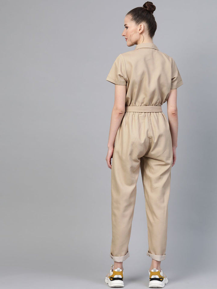 SASSAFRAS Women Beige Solid Twill Tapered Basic Jumpsuit