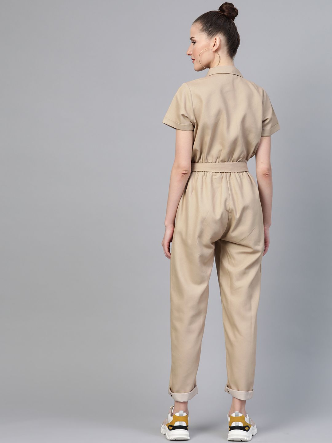 SASSAFRAS Women Beige Solid Twill Tapered Basic Jumpsuit