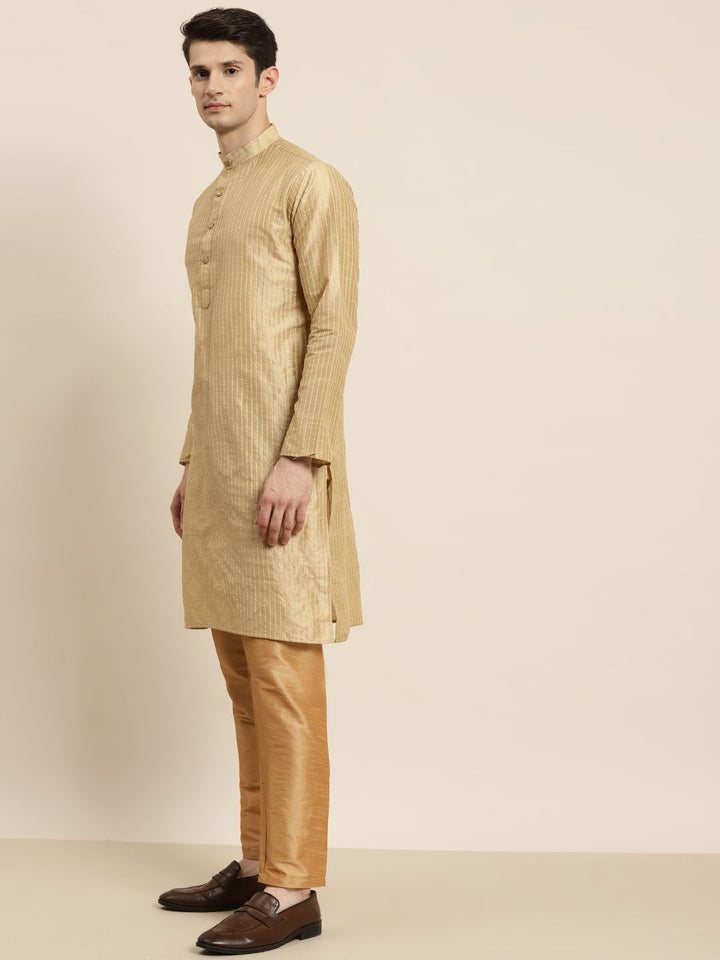SOJANYA Men Golden & Peach-Coloured Kurta with Churidar & Nehru Jacket