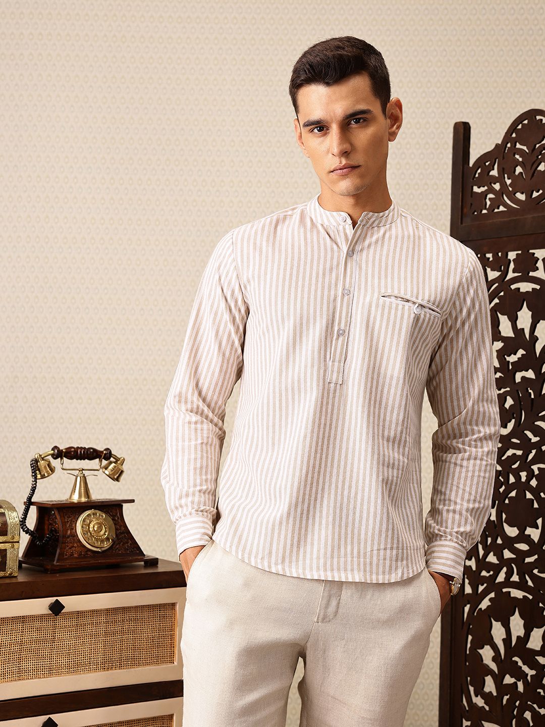 House of Pataudi Striped Band Collar Rozana Kurta