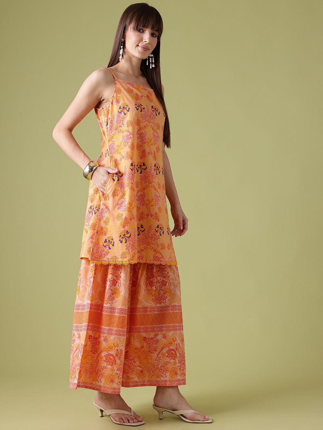 Anouk Ethnic Motifs Printed Lace Inserts Kurta with Sharara & With Dupatta