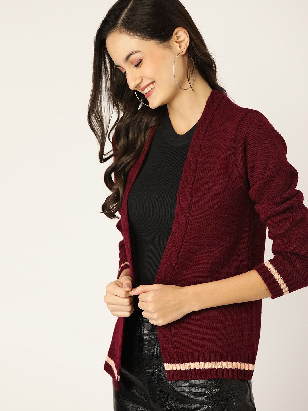 DressBerry Women Maroon Solid Open Front Sweater