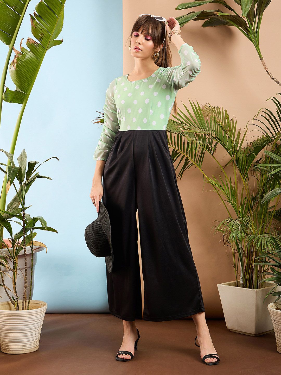 SASSAFRAS Sea Green and Black Colourblocked Smocked Jumpsuit