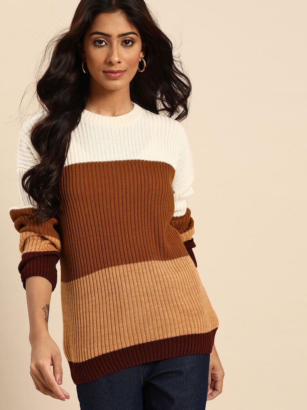 all about you Women Brown & Beige Colourblocked Pullover Sweater
