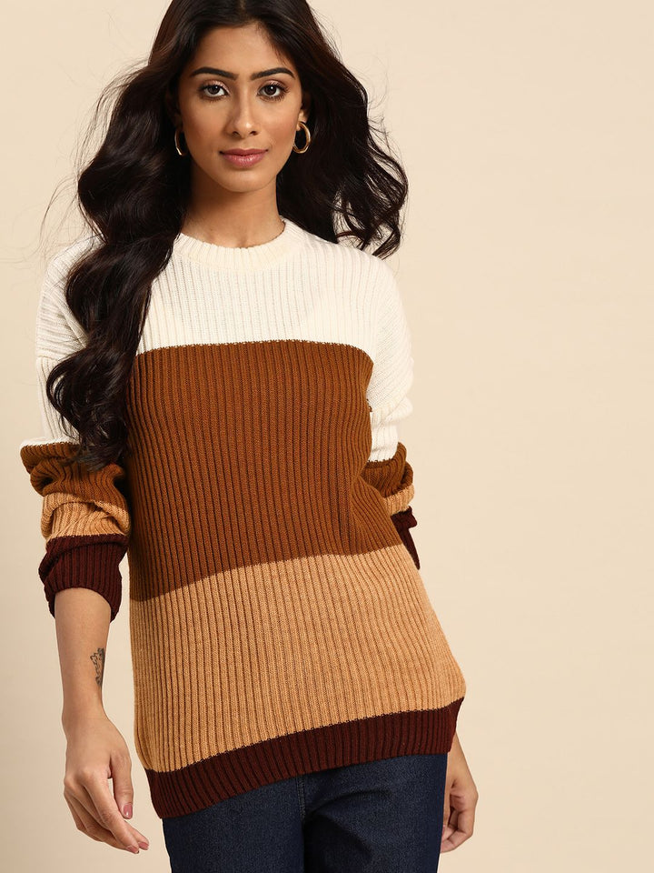 all about you Women Brown & Beige Colourblocked Pullover Sweater