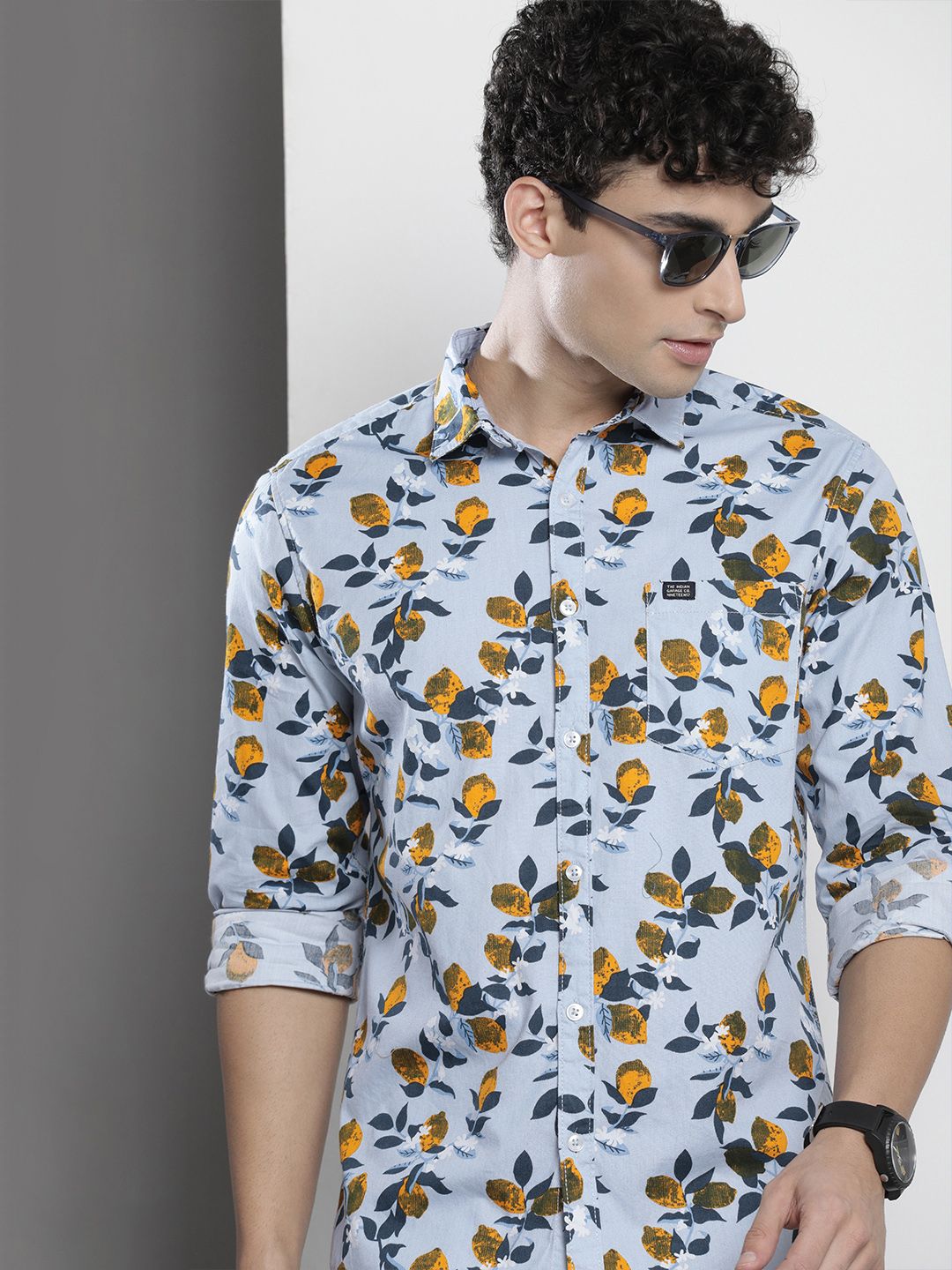 The Indian Garage Co Men Turquoise Blue & Yellow Floral Printed Cotton Casual Shirt