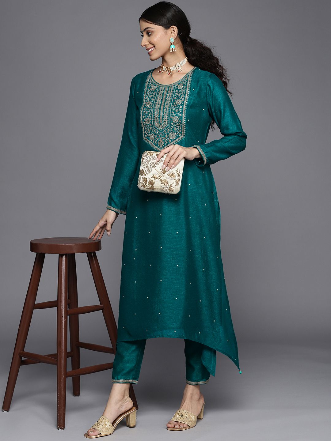 Libas Women Teal Blue & Golden Yoke Design Kurta