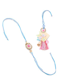 NVR Set of 2 Artificial Stones & Beads Floral Design Bhaiya Bhabhi Rakhi with Roli Chawal
