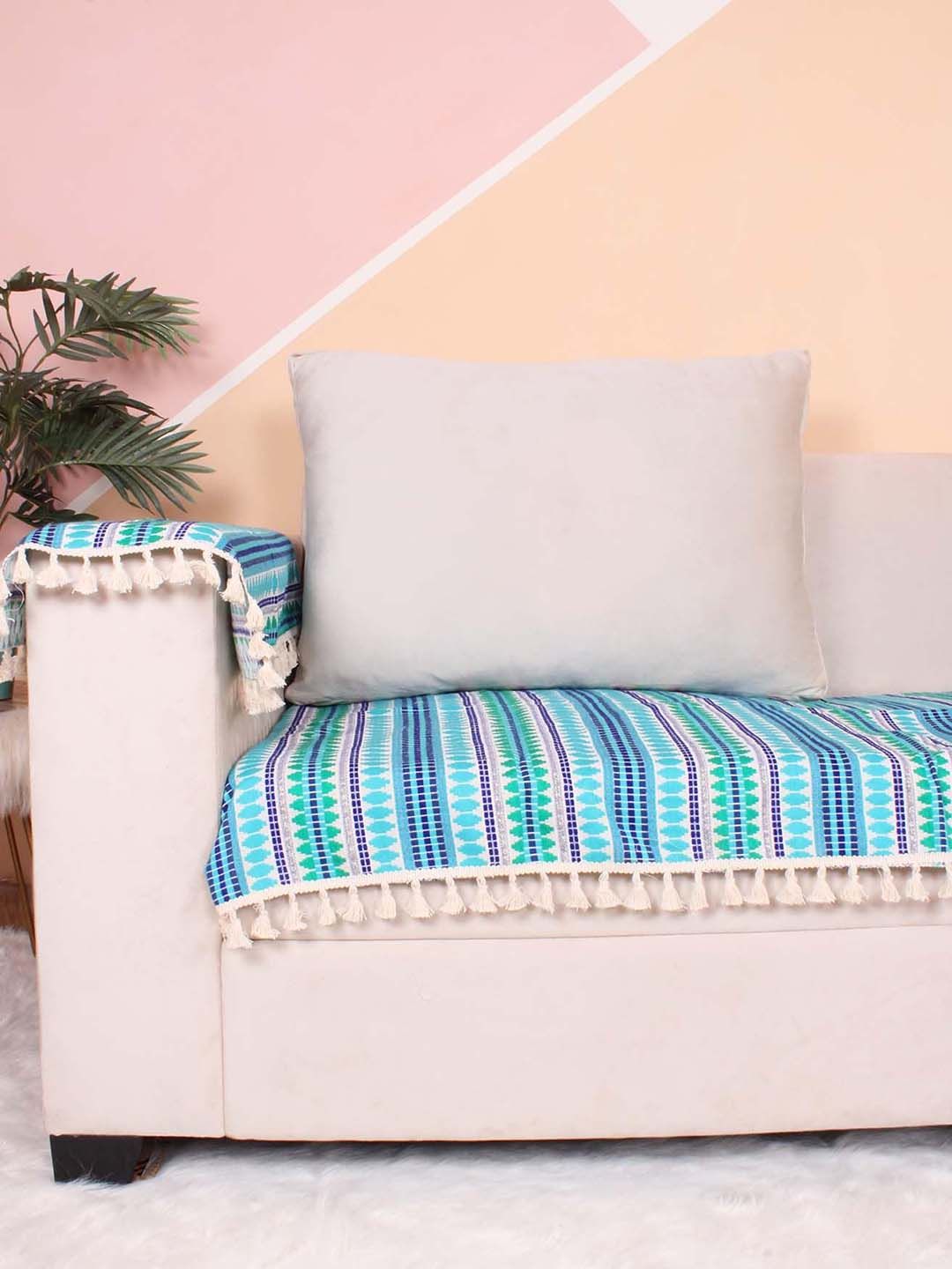 STITCHNEST Blue & White Printed 5-Seater Sofa Cover