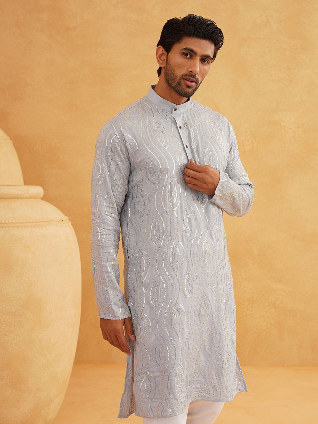 SOJANYA Lelaki Sulam Kurta Kapas Tulen dengan Churidar
