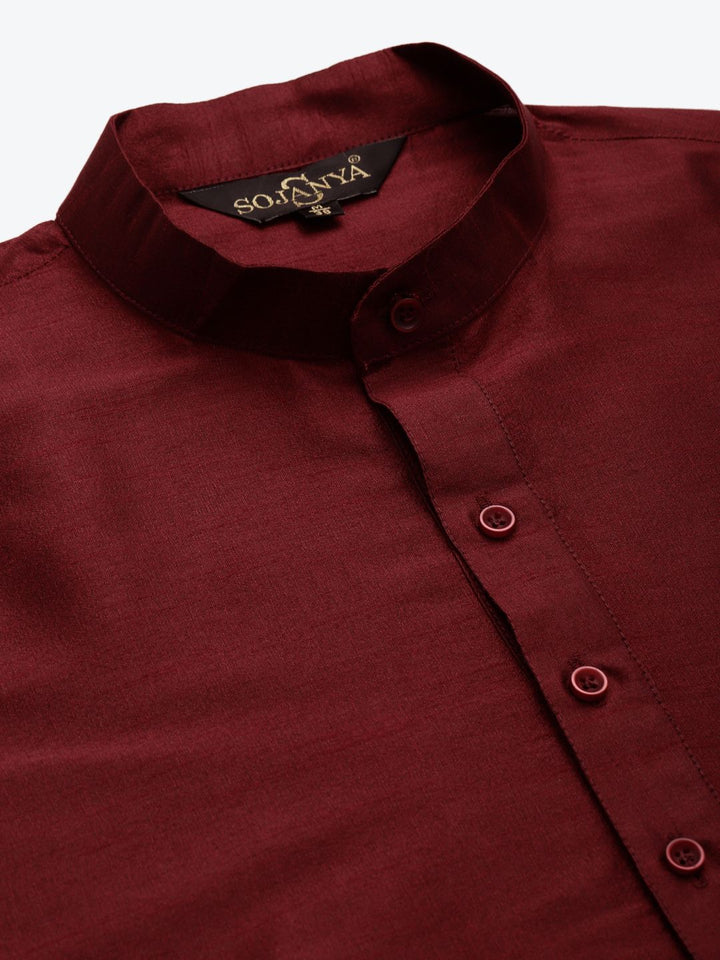 SOJANYA Men Maroon & Pink Kurta with Churidar And Nehru Jacket
