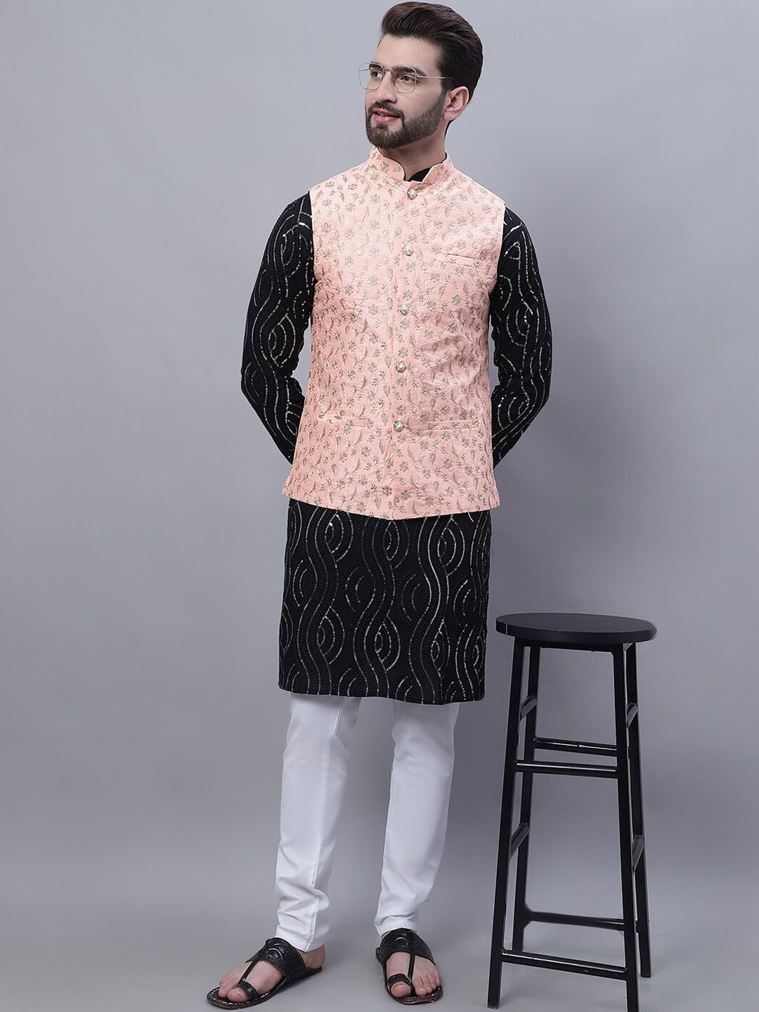 SOJANYA Embroidered Sequined Pure Cotton Kurta With Churidar With Nehru Jacket