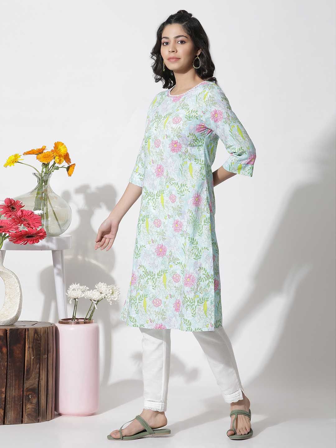 W Blue Floral Printed Cotton Straight Kurta