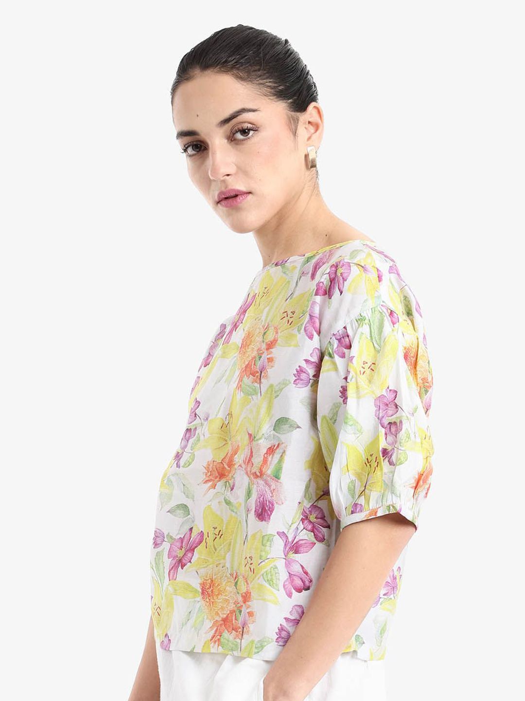 RAREISM Floral Print Puff Sleeve Styled Back Top